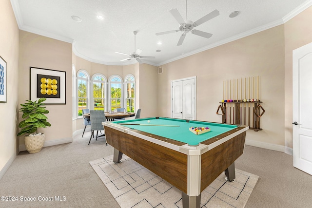 game room featuring a textured ceiling, ceiling fan, light carpet, and pool table