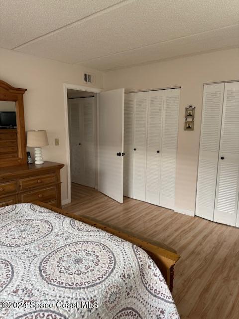 bedroom featuring hardwood / wood-style floors, a textured ceiling, and two closets