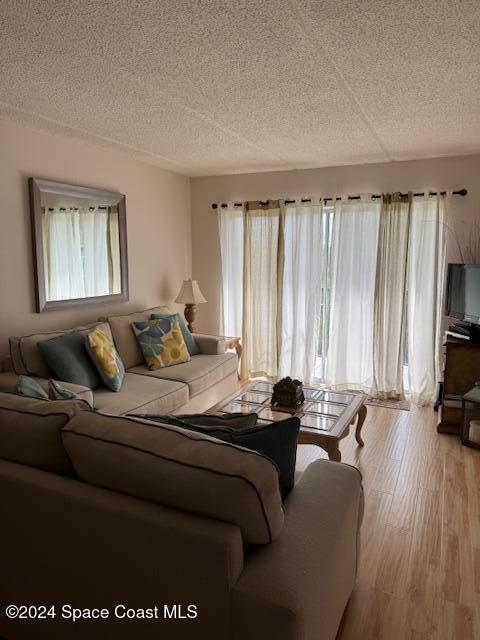 living room with a textured ceiling and light wood-type flooring