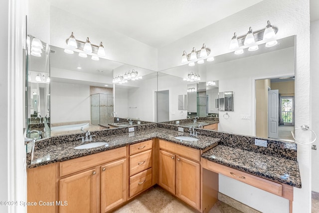 bathroom with plus walk in shower and vanity