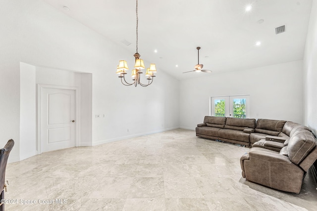 living room featuring french doors, ceiling fan with notable chandelier, and high vaulted ceiling