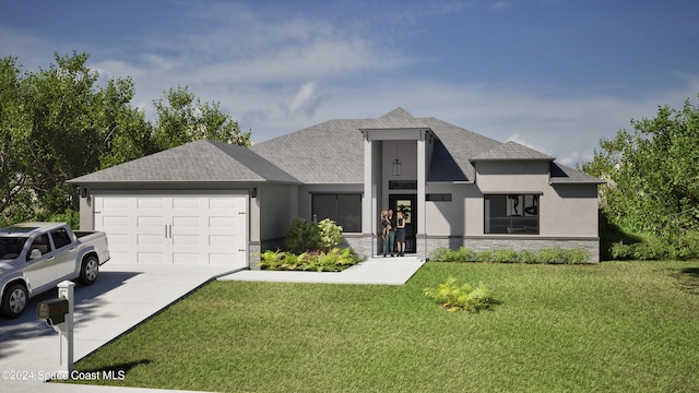 contemporary home with a garage and a front yard