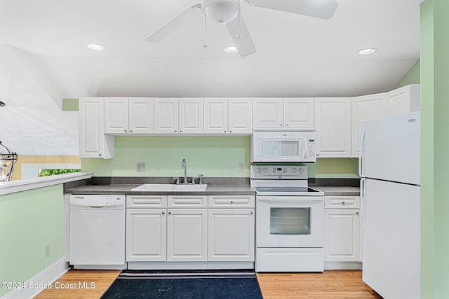 kitchen with white cabinets, white appliances, ceiling fan, and sink