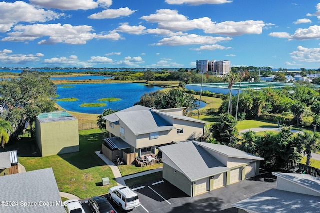 drone / aerial view featuring a water view