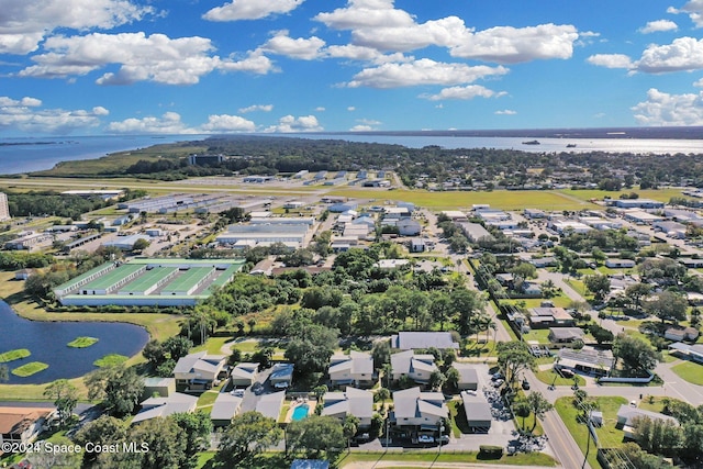 drone / aerial view featuring a water view