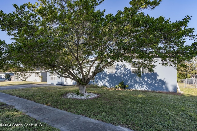 obstructed view of property with a front lawn