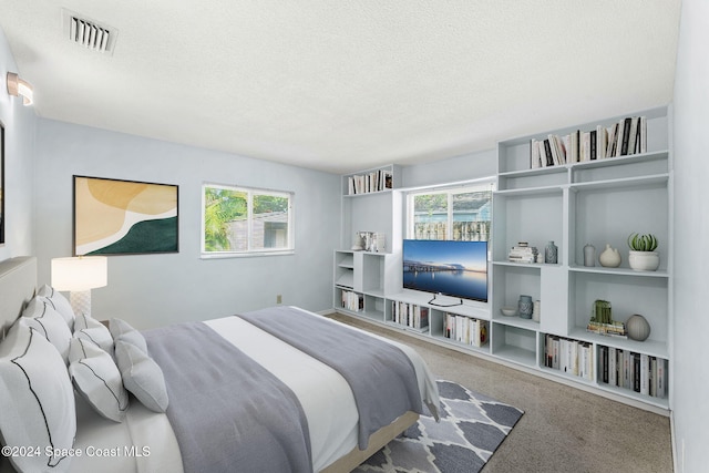 carpeted bedroom with a textured ceiling and multiple windows