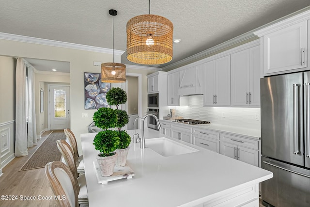 kitchen featuring sink, white cabinetry, stainless steel appliances, and custom range hood