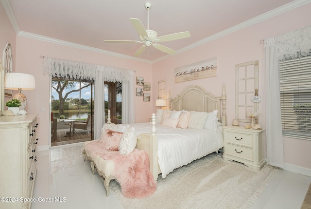 bedroom with ceiling fan, crown molding, access to outside, and light tile patterned flooring