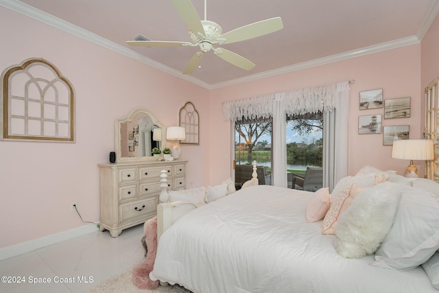 bedroom with ceiling fan, access to outside, light tile patterned flooring, crown molding, and a water view