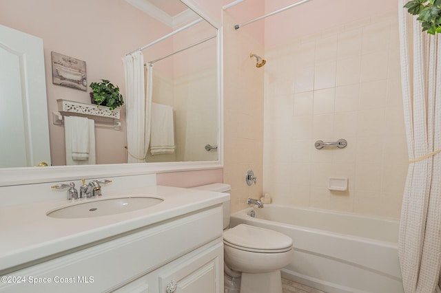 full bathroom with toilet, vanity, and shower / bathtub combination with curtain