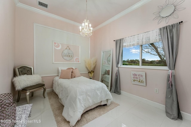 bedroom with an inviting chandelier, light tile patterned floors, and crown molding