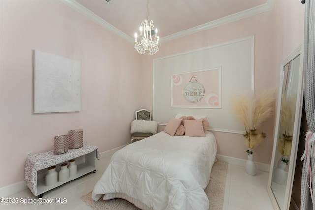 bedroom with a chandelier and crown molding