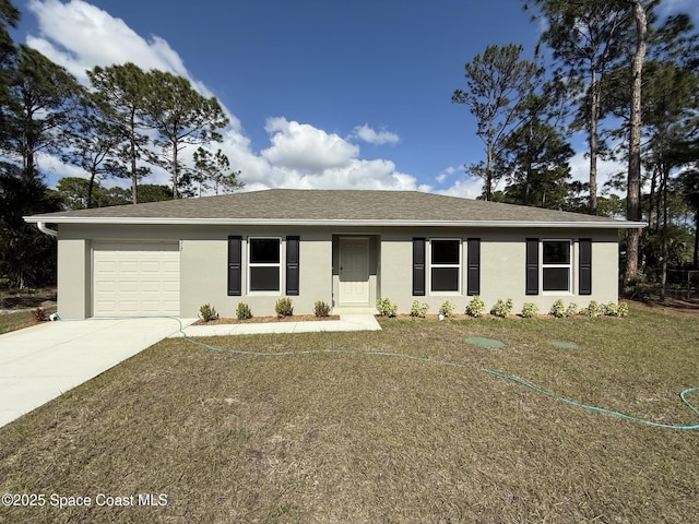 ranch-style house with a garage and a front lawn