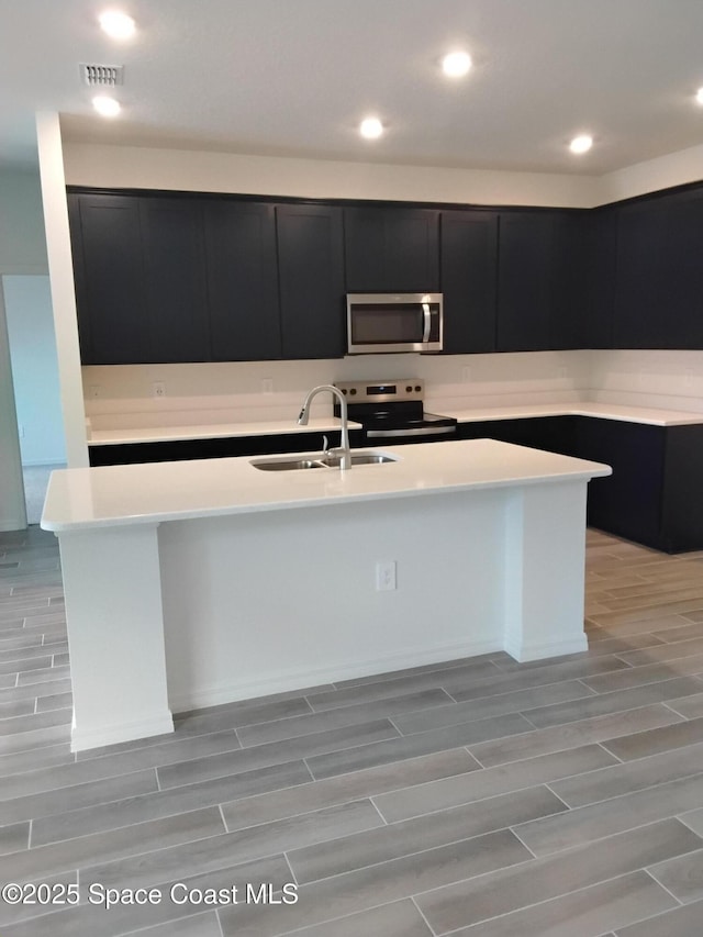 kitchen featuring stainless steel appliances, a kitchen island with sink, and sink