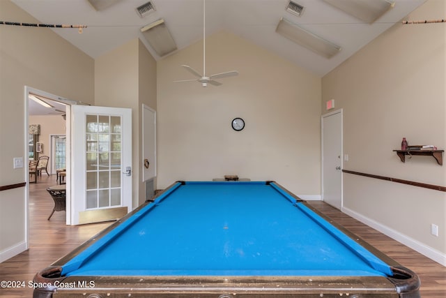 recreation room with hardwood / wood-style floors, high vaulted ceiling, ceiling fan, and pool table