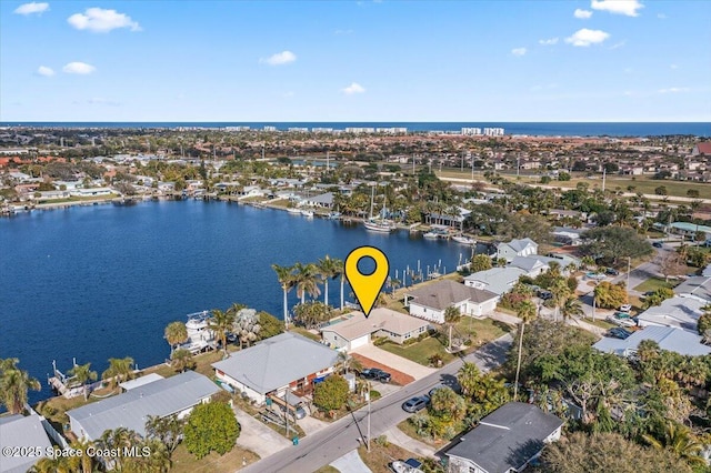 aerial view featuring a water view