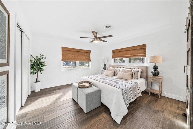 bedroom with ceiling fan, dark hardwood / wood-style flooring, and multiple windows