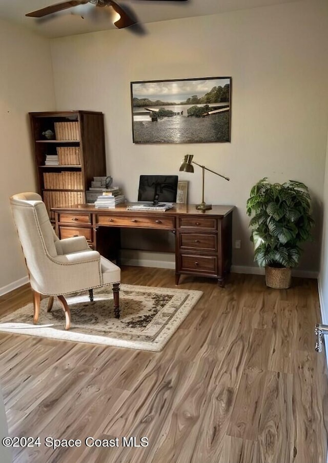 office area featuring ceiling fan and light hardwood / wood-style floors