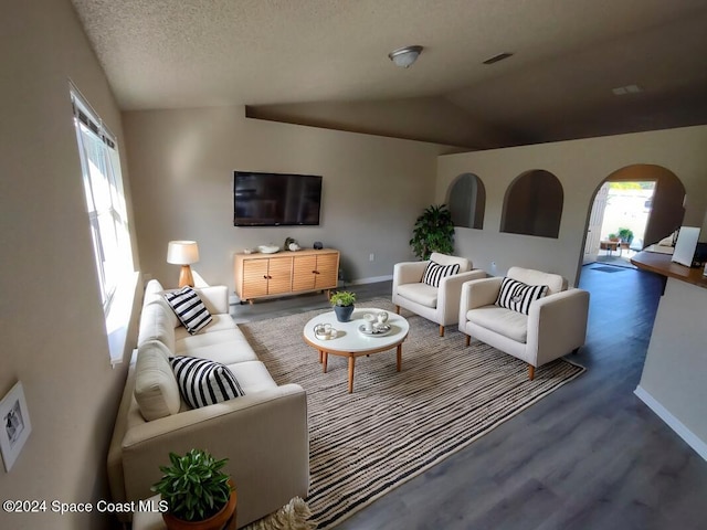 living room with dark hardwood / wood-style floors, a textured ceiling, and vaulted ceiling