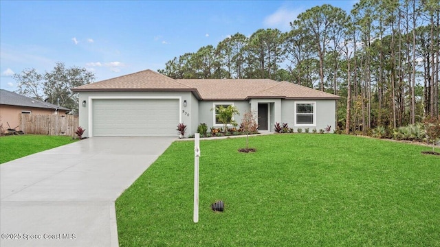 ranch-style home featuring a garage and a front lawn