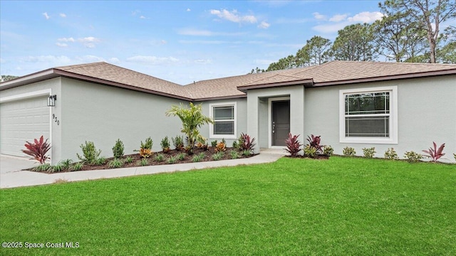 single story home with a garage and a front yard