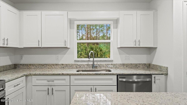 kitchen with white cabinetry, stainless steel dishwasher, light stone countertops, and sink