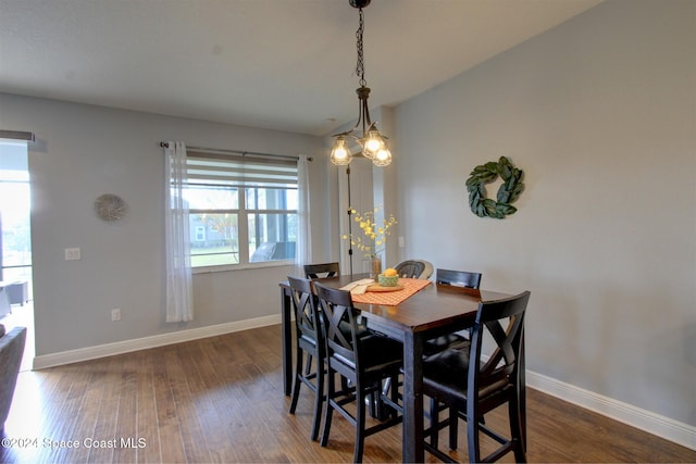 dining area featuring a chandelier, dark hardwood / wood-style flooring, and plenty of natural light