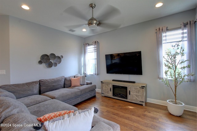 living room with ceiling fan, plenty of natural light, and hardwood / wood-style flooring