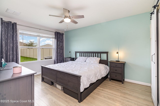 bedroom with ceiling fan and light wood-type flooring