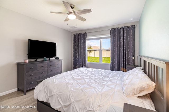 bedroom with ceiling fan and light wood-type flooring