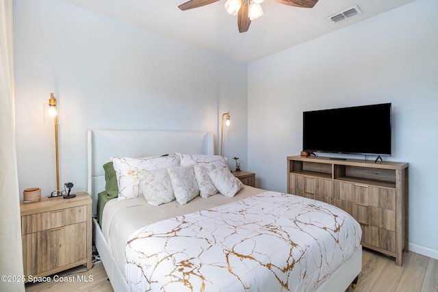 bedroom with light hardwood / wood-style flooring and ceiling fan