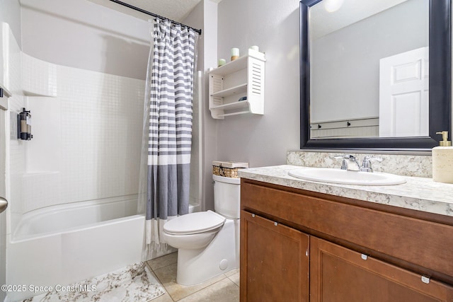 full bathroom with toilet, shower / tub combo with curtain, vanity, and tile patterned flooring