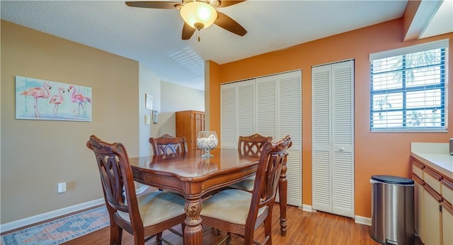 dining room with ceiling fan and light wood-type flooring