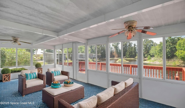 850 Cardinal Rd, Cocoa, FL 32926 - sunroom / solarium with a ceiling fan, an outdoor hangout area, and beamed ceiling