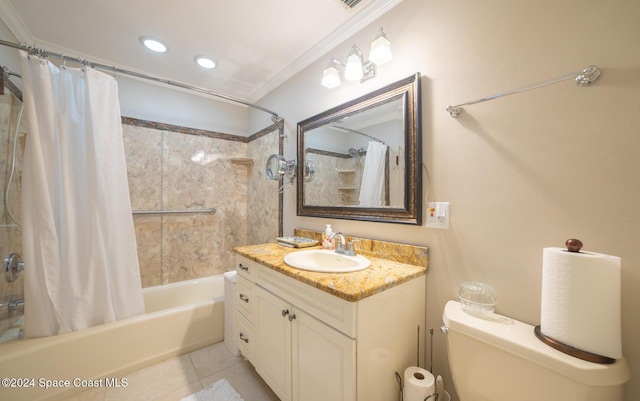 bathroom featuring shower / bath combination with curtain, vanity, tile patterned floors, and crown molding