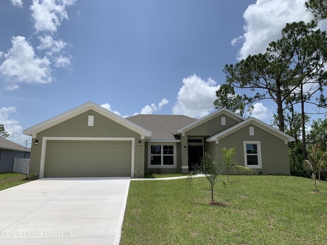 698 De Groodt Rd SW, Palm Bay, FL 32908 - ranch-style home with a garage, concrete driveway, stucco siding, and a front yard