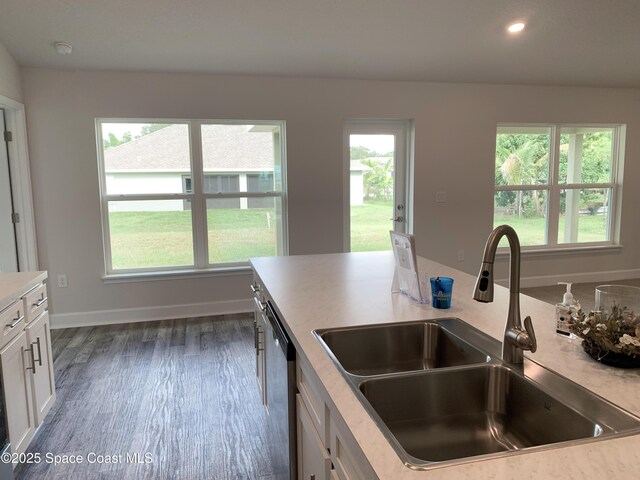 698 De Groodt Rd SW, Palm Bay, FL 32908 - kitchen with stainless steel dishwasher, white cabinetry, wood finished floors, light countertops, and recessed lighting