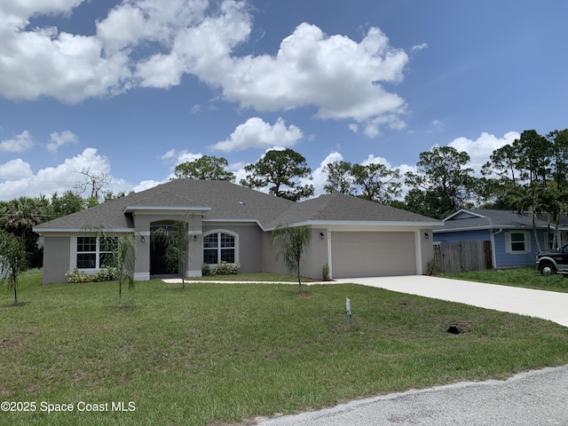 439 Wellwood St SW, Palm Bay, FL 32908 - ranch-style home with a garage, driveway, stucco siding, and a shingled roof