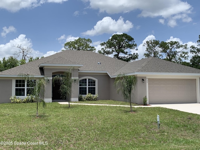 439 Wellwood St SW, Palm Bay, FL 32908 - ranch-style home with stucco siding, a front yard, a garage, concrete driveway, and a shingled roof