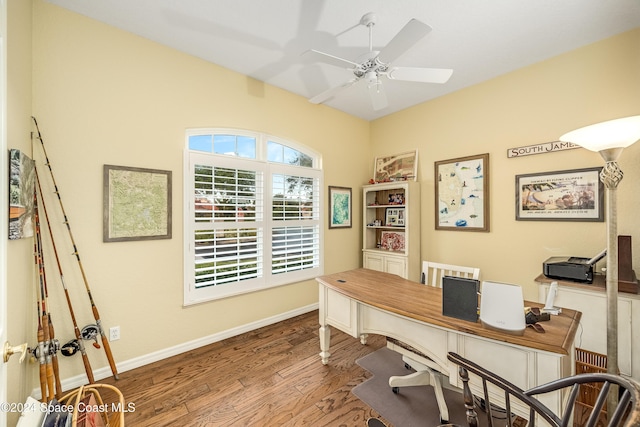 office featuring hardwood / wood-style flooring and ceiling fan