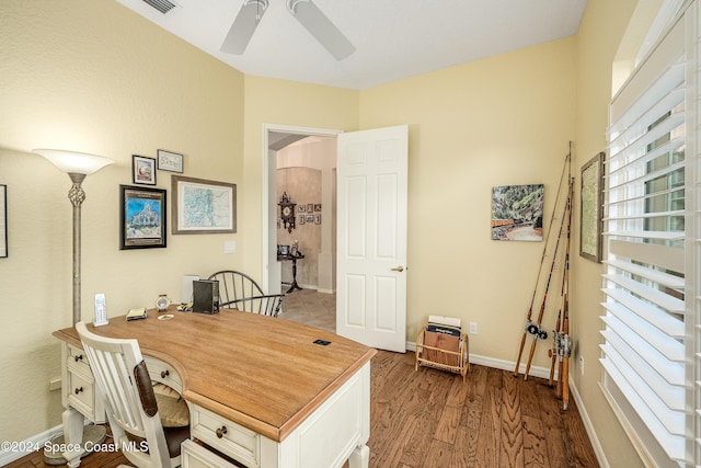 office space with hardwood / wood-style floors and ceiling fan