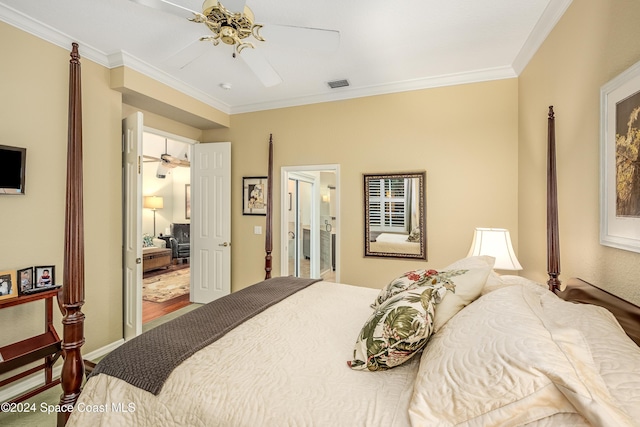 bedroom with ceiling fan and crown molding