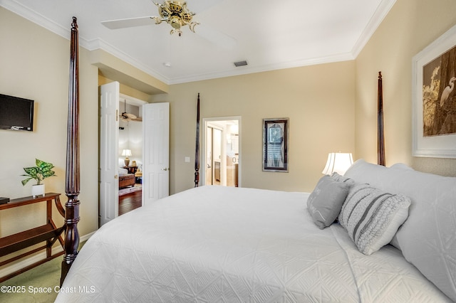 5601 Sea Lavender Pl, Melbourne Beach, FL 32951 - bedroom featuring crown molding, light carpet, ceiling fan, and connected bathroom