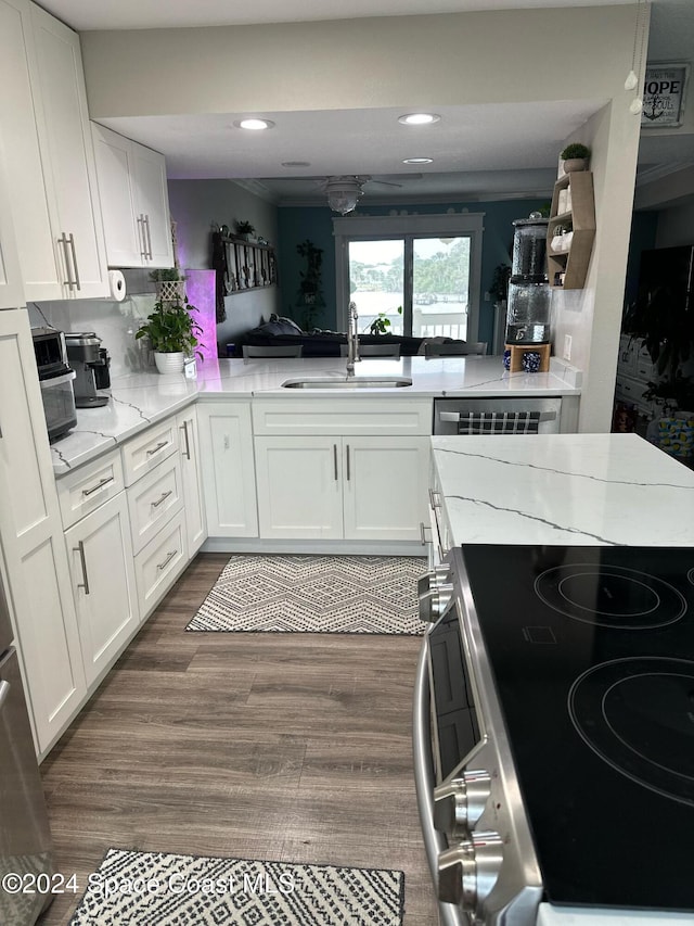 kitchen with sink, white cabinetry, appliances with stainless steel finishes, dark hardwood / wood-style flooring, and kitchen peninsula