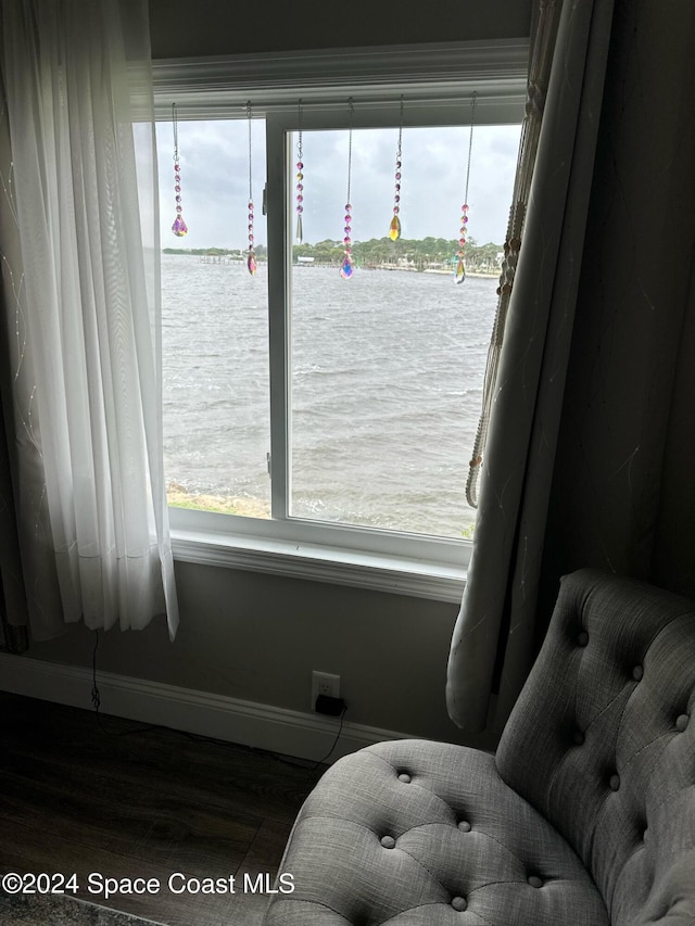 room details featuring hardwood / wood-style flooring and a water view