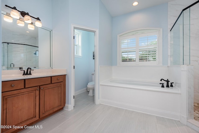 full bathroom featuring vanity, a healthy amount of sunlight, toilet, and plus walk in shower