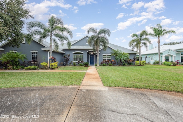 ranch-style home featuring a front lawn