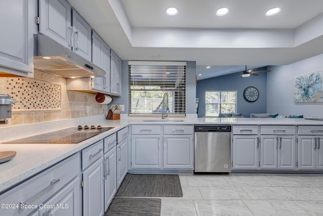 kitchen with sink, stainless steel dishwasher, ceiling fan, black electric cooktop, and tasteful backsplash