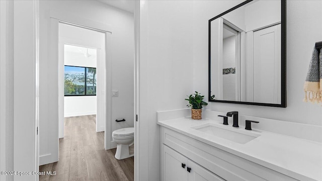 bathroom with vanity, wood finished floors, toilet, and baseboards